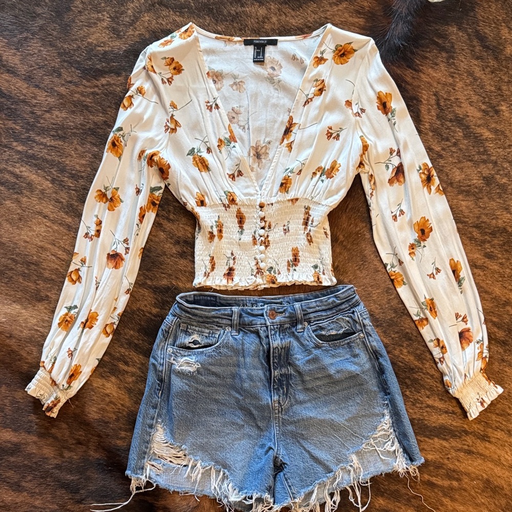 Forever 21 White and Orange Floral Blouse
